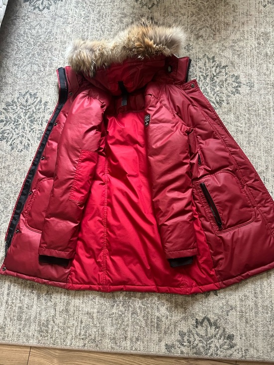 osc cross Jackets & Blazers - Women's Red Insulated Puffer Winter Coat with coyote -Fur Trim Hood